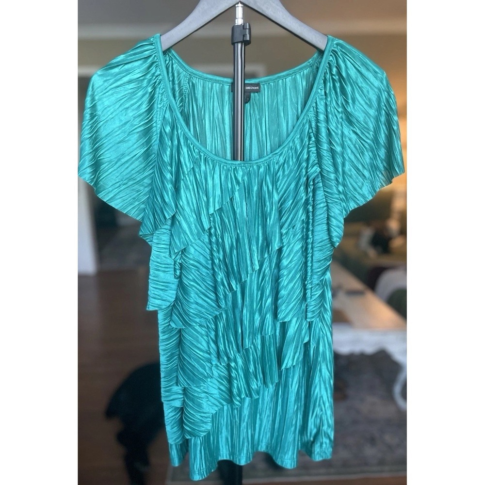 New Directions Women's XL Teal Ruffled Blouse Short Sleeve